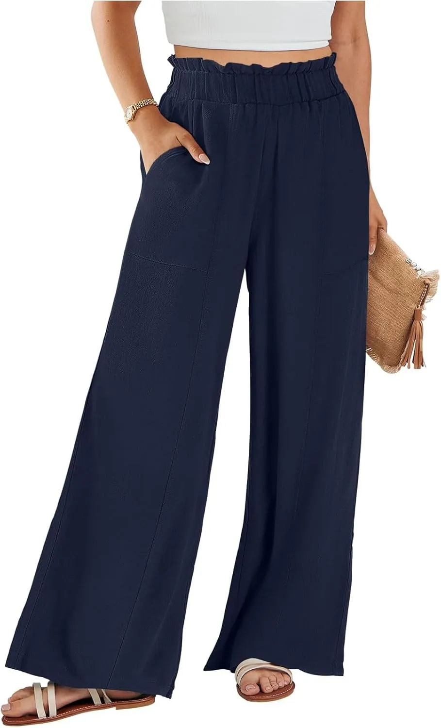 Wide Leg Palazzo Pants for Women Casual Loose High Waisted Summer Beach Pants Comfy Soft Dress Pant with Pockets
