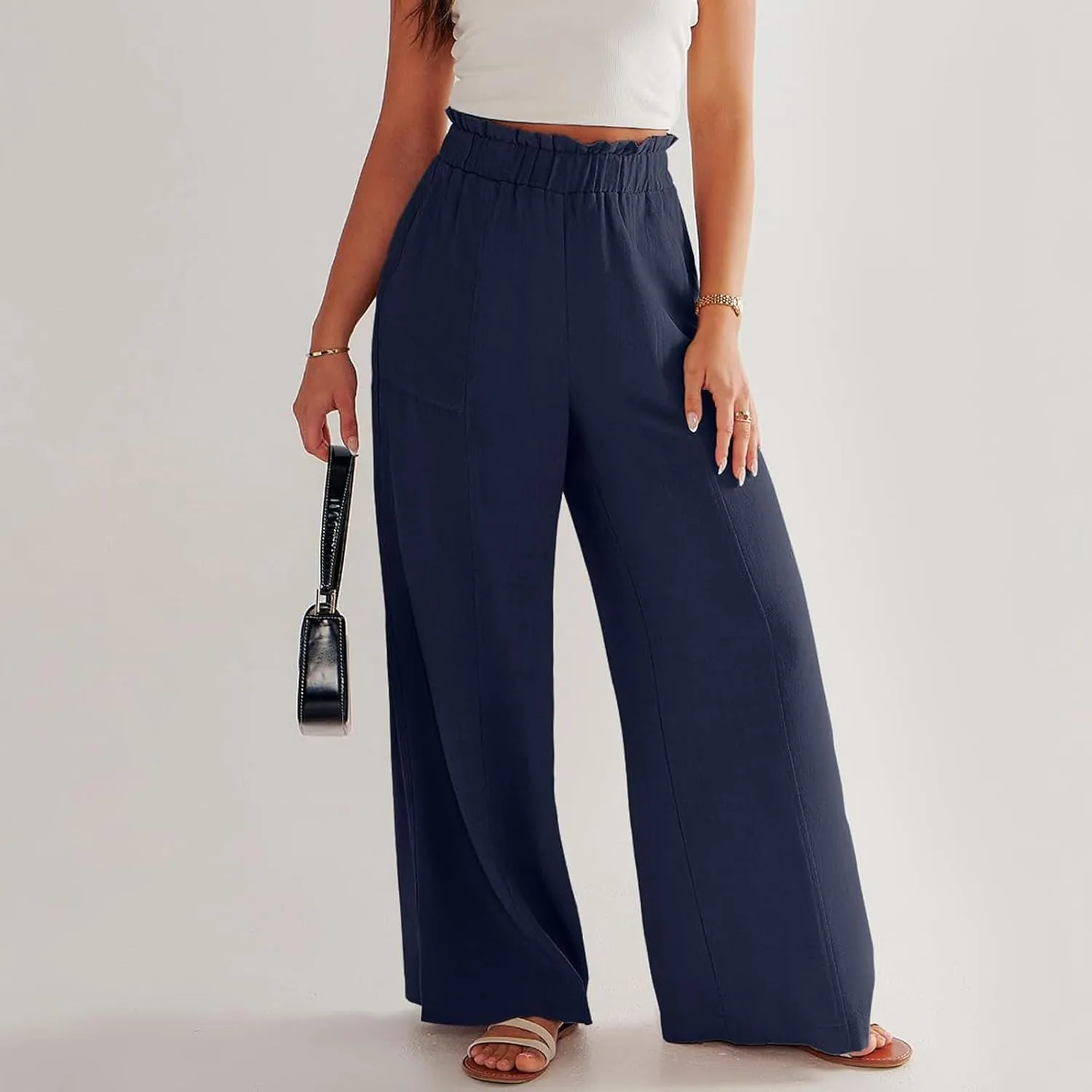 Wide Leg Palazzo Pants for Women Casual Loose High Waisted Summer Beach Pants Comfy Soft Dress Pant with Pockets