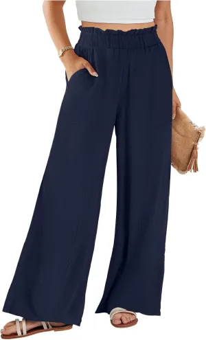 Wide Leg Palazzo Pants for Women Casual Loose High Waisted Summer Beach Pants Comfy Soft Dress Pant with Pockets