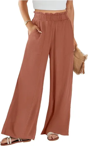 Wide Leg Palazzo Pants for Women Casual Loose High Waisted Summer Beach Pants Comfy Soft Dress Pant with Pockets
