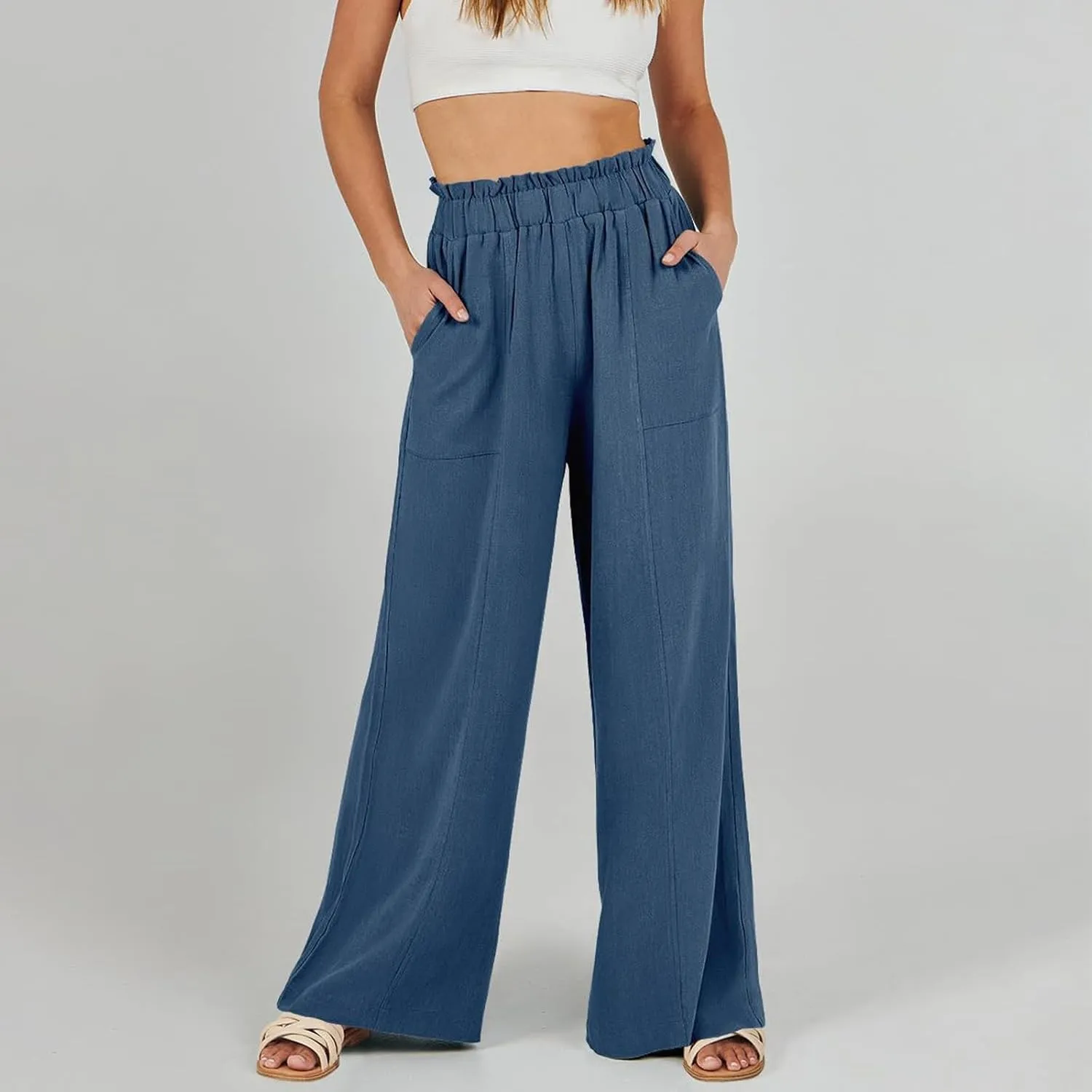 Wide Leg Palazzo Pants for Women Casual Loose High Waisted Summer Beach Pants Comfy Soft Dress Pant with Pockets