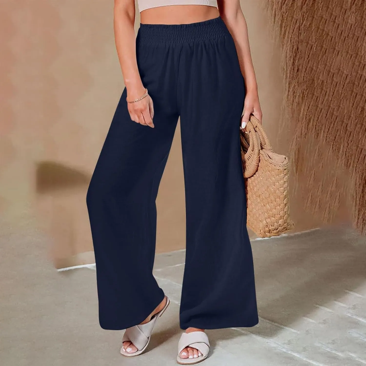 Wide Leg Pants Woman High Waisted Elastic Waist Lounge Pants Stretchy Loose Workout Palazzo Pants with Pockets, Large