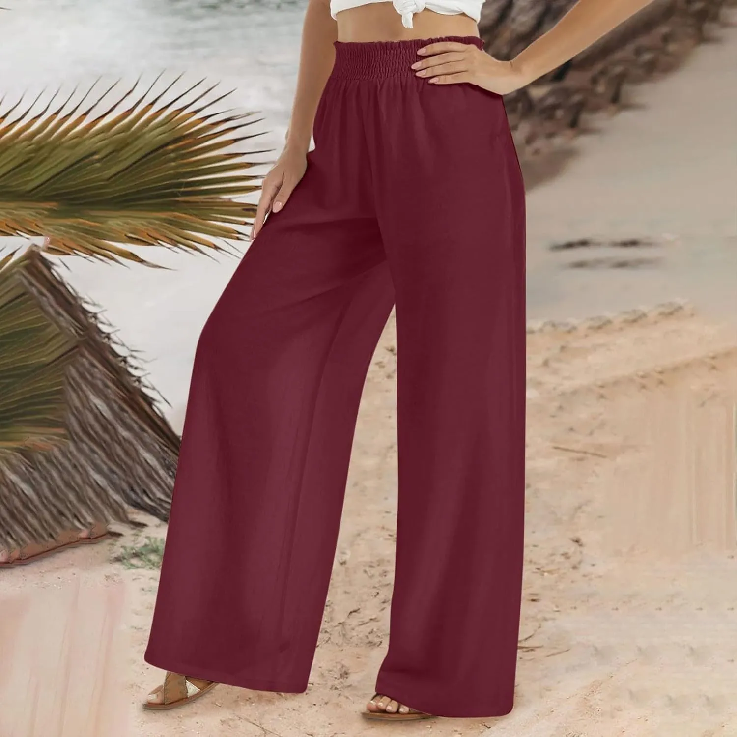 Wide Leg Pants Woman High Waisted Elastic Waist Lounge Pants Stretchy Loose Workout Palazzo Pants with Pockets, Large