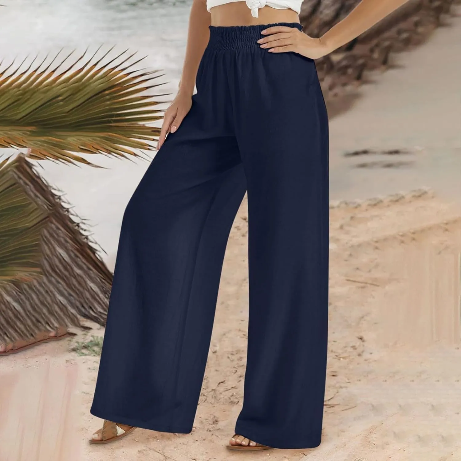 Wide Leg Pants Woman High Waisted Elastic Waist Lounge Pants Stretchy Loose Workout Palazzo Pants with Pockets, Large