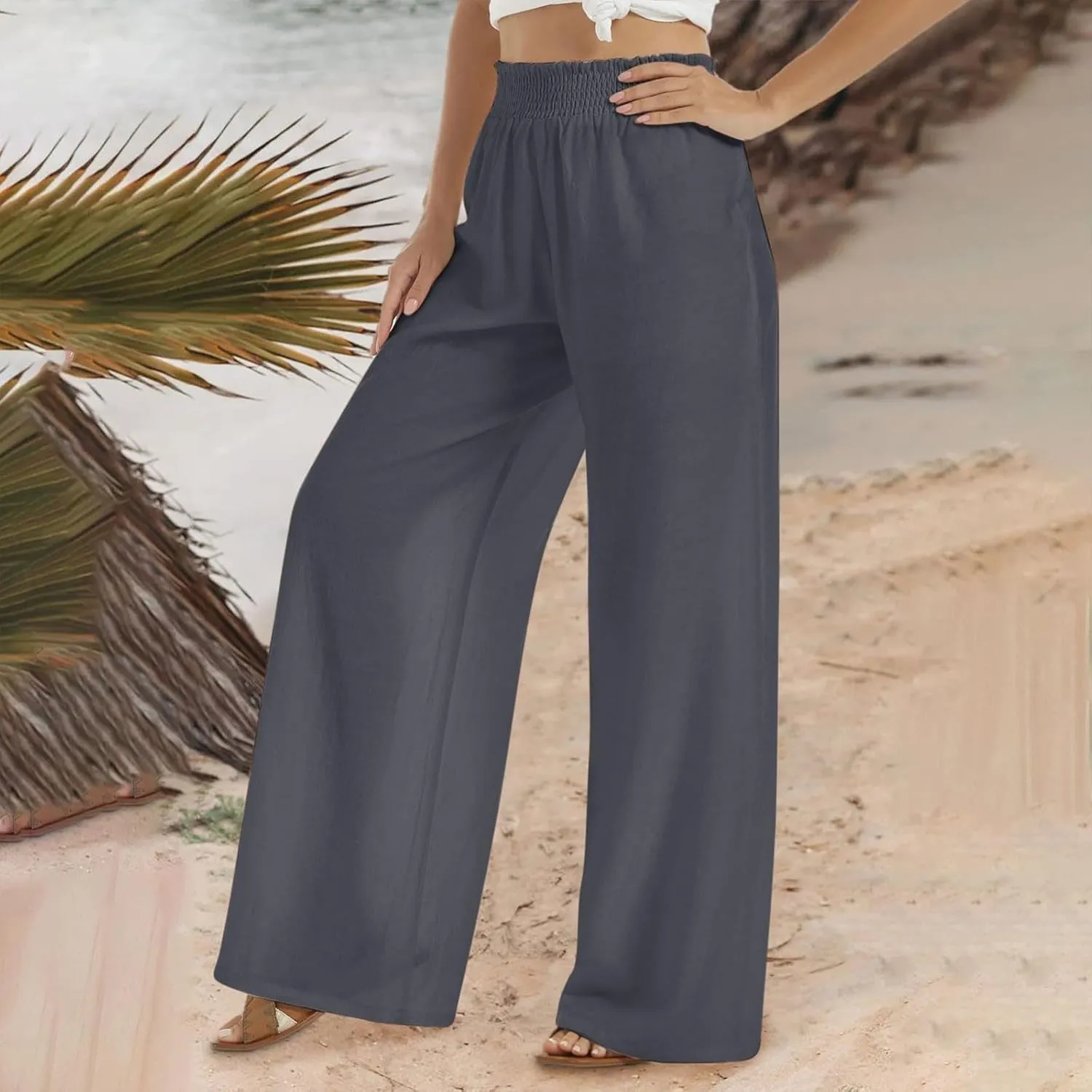 Wide Leg Pants Woman High Waisted Elastic Waist Lounge Pants Stretchy Loose Workout Palazzo Pants with Pockets, Large