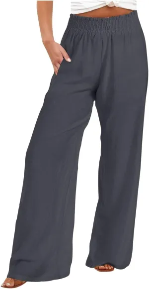 Wide Leg Pants Woman High Waisted Elastic Waist Lounge Pants Stretchy Loose Workout Palazzo Pants with Pockets, Large