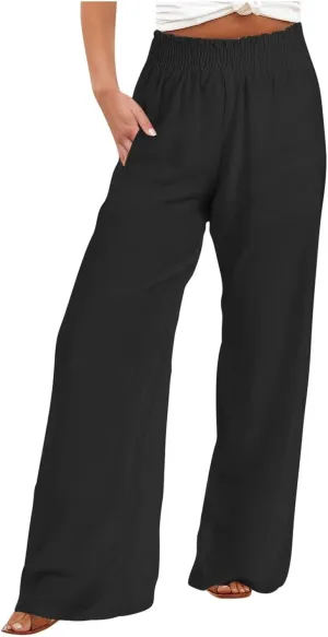 Wide Leg Pants Woman High Waisted Elastic Waist Lounge Pants Stretchy Loose Workout Palazzo Pants with Pockets, Large