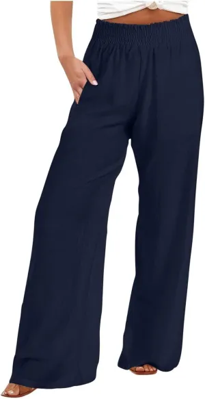 Wide Leg Pants Woman High Waisted Elastic Waist Lounge Pants Stretchy Loose Workout Palazzo Pants with Pockets, Large
