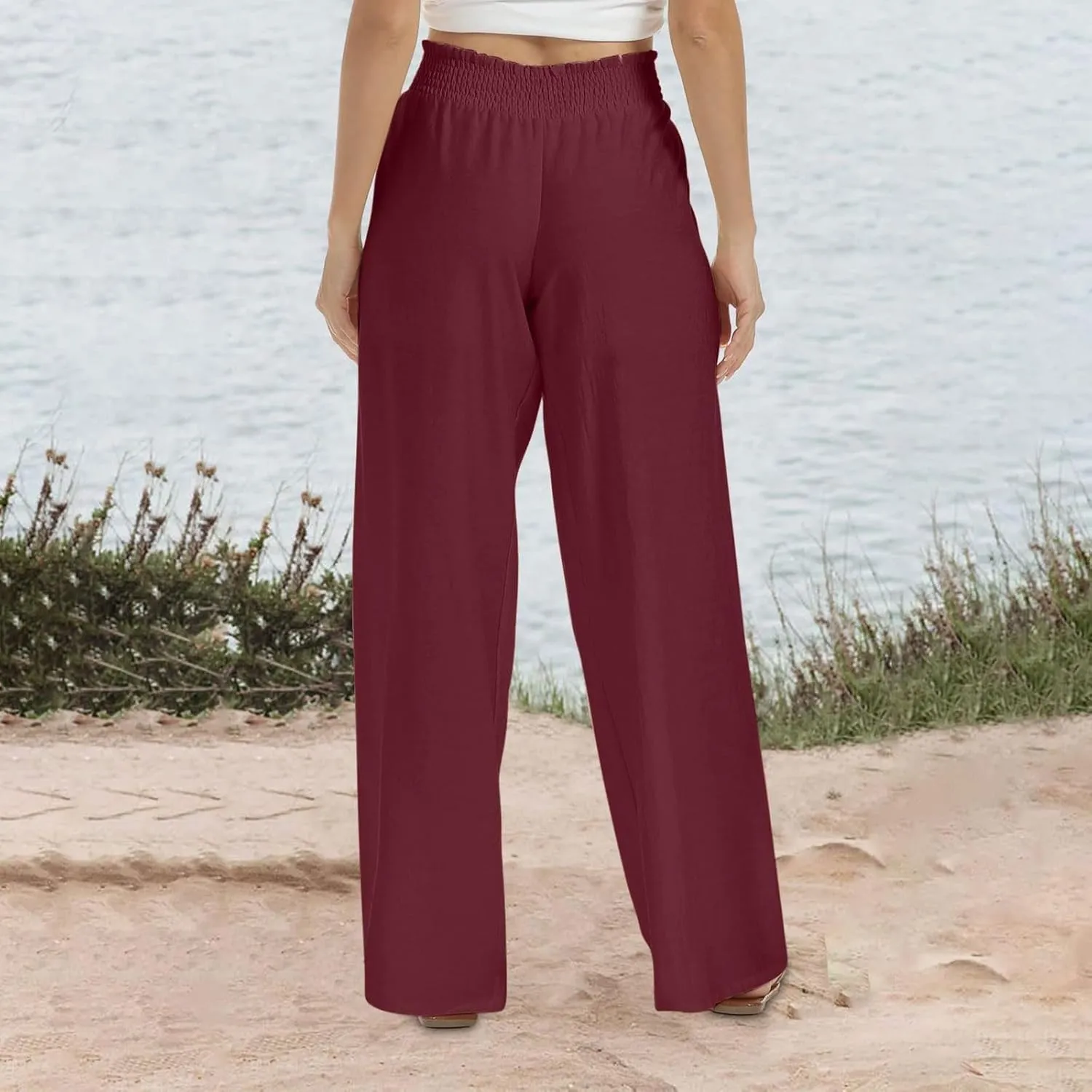 Wide Leg Pants Woman High Waisted Elastic Waist Lounge Pants Stretchy Loose Workout Palazzo Pants with Pockets, Large