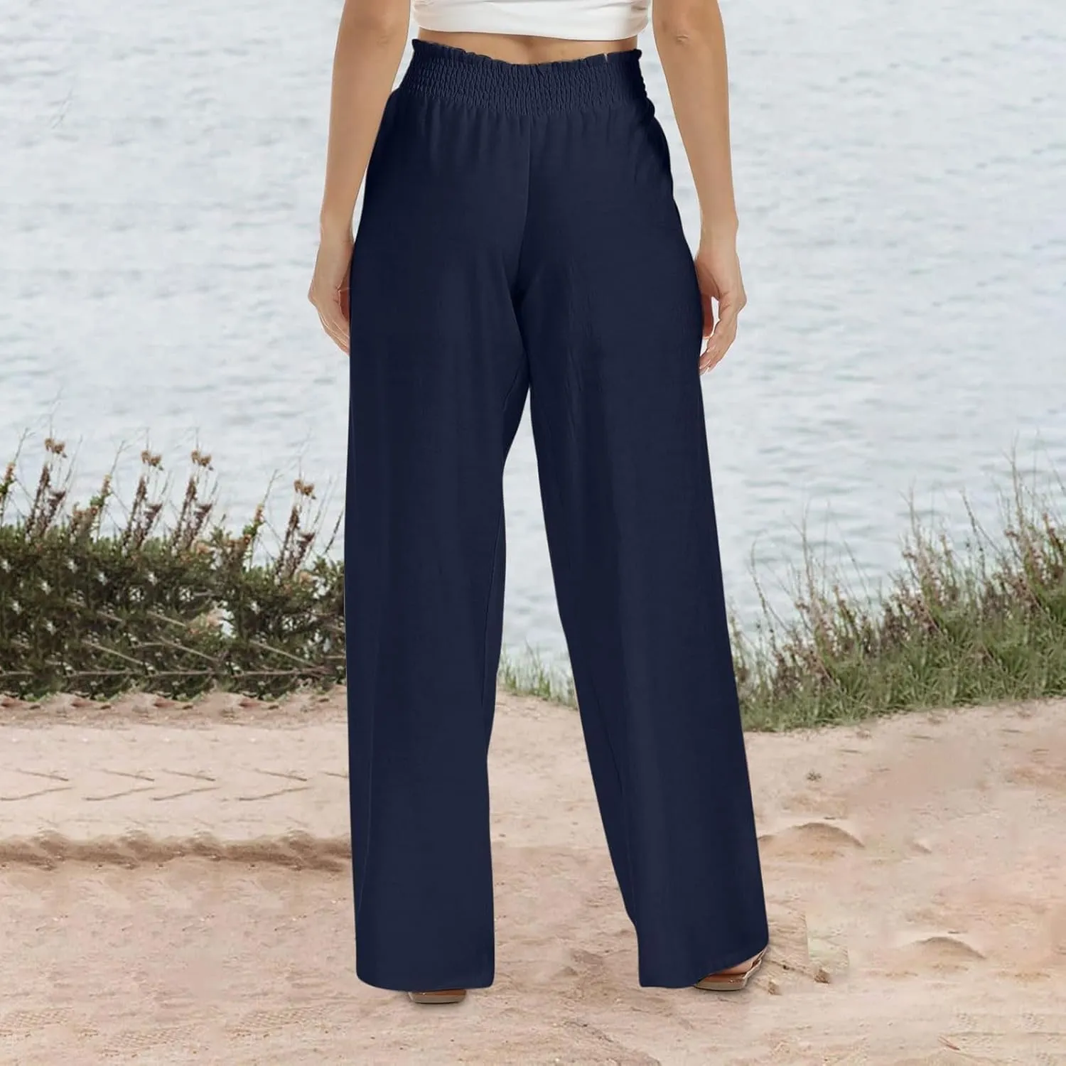 Wide Leg Pants Woman High Waisted Elastic Waist Lounge Pants Stretchy Loose Workout Palazzo Pants with Pockets, Large