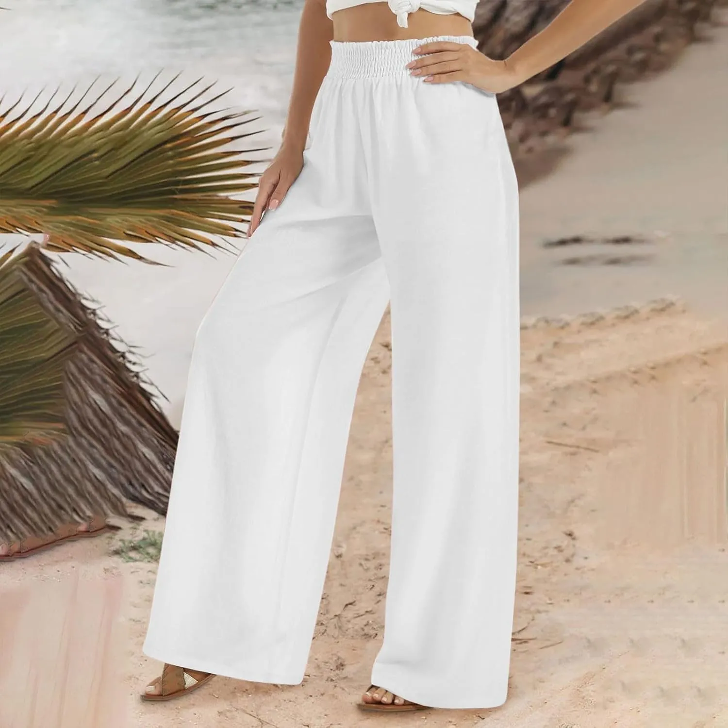 Wide Leg Pants Woman High Waisted Elastic Waist Lounge Pants Stretchy Loose Workout Palazzo Pants with Pockets, Large