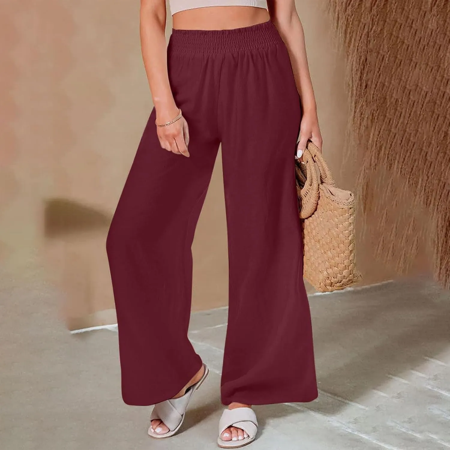 Wide Leg Pants Woman High Waisted Elastic Waist Lounge Pants Stretchy Loose Workout Palazzo Pants with Pockets, Large