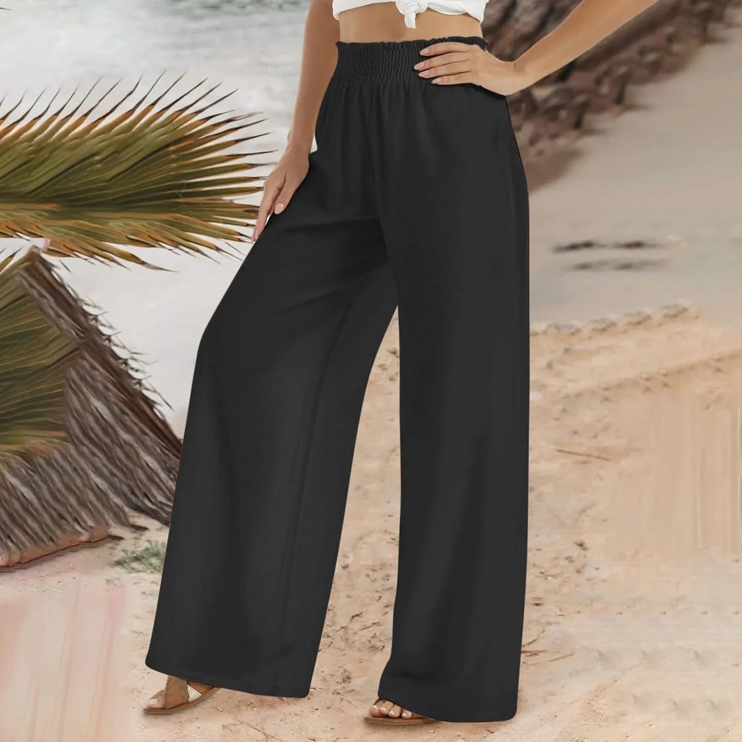 Wide Leg Pants Woman High Waisted Elastic Waist Lounge Pants Stretchy Loose Workout Palazzo Pants with Pockets, Large