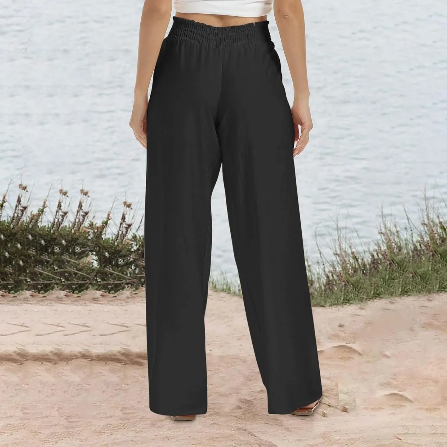 Wide Leg Pants Woman High Waisted Elastic Waist Lounge Pants Stretchy Loose Workout Palazzo Pants with Pockets, Large