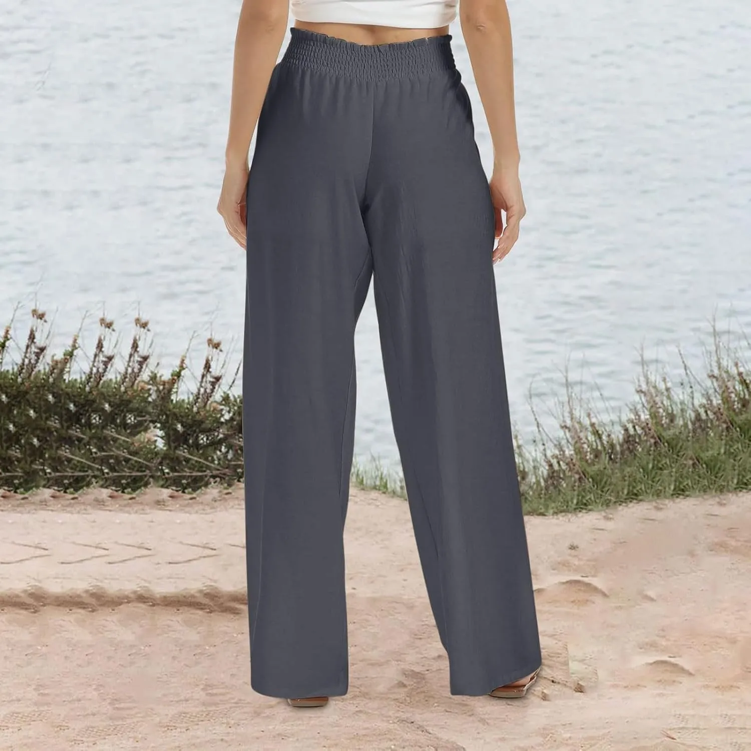 Wide Leg Pants Woman High Waisted Elastic Waist Lounge Pants Stretchy Loose Workout Palazzo Pants with Pockets, Large
