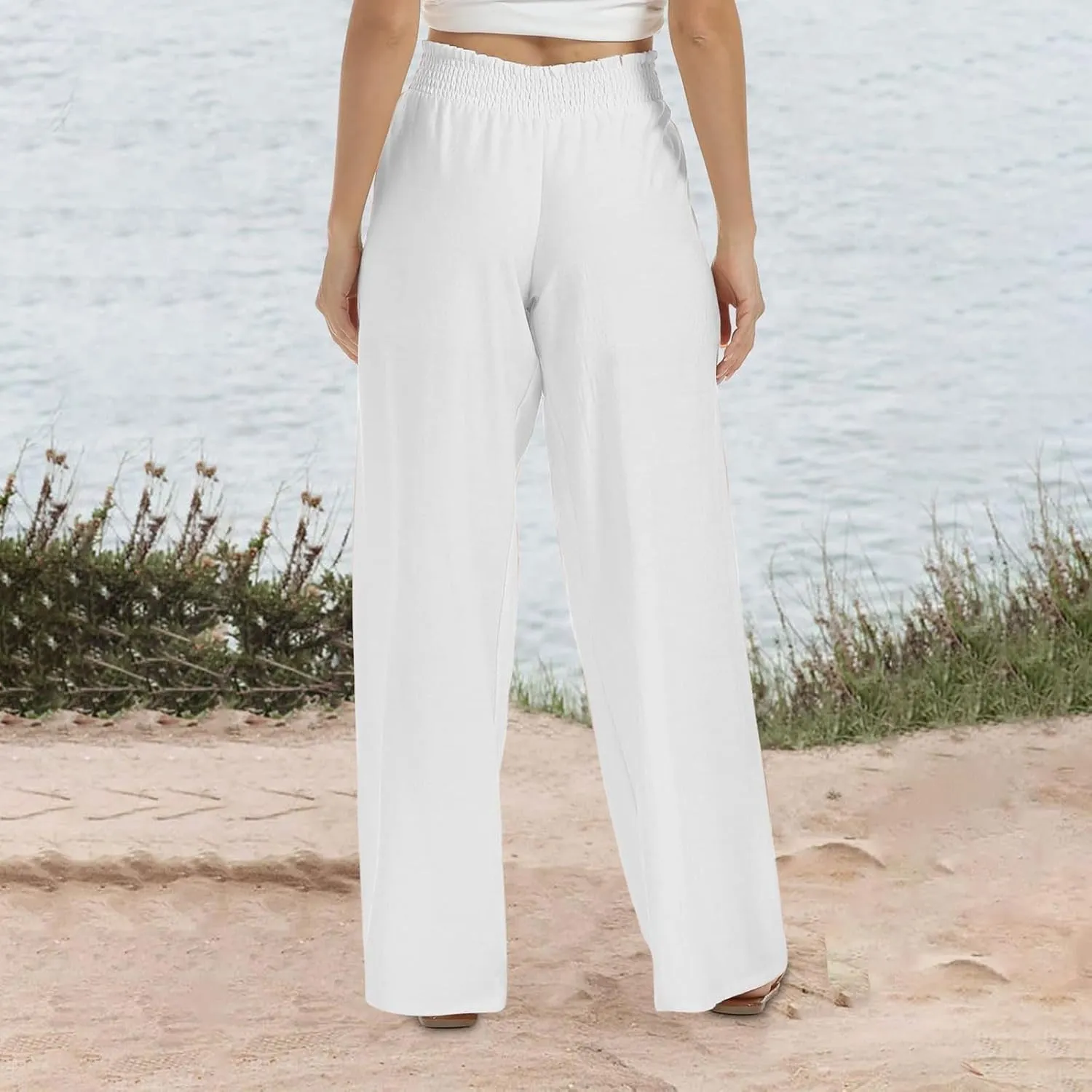 Wide Leg Pants Woman High Waisted Elastic Waist Lounge Pants Stretchy Loose Workout Palazzo Pants with Pockets, Large