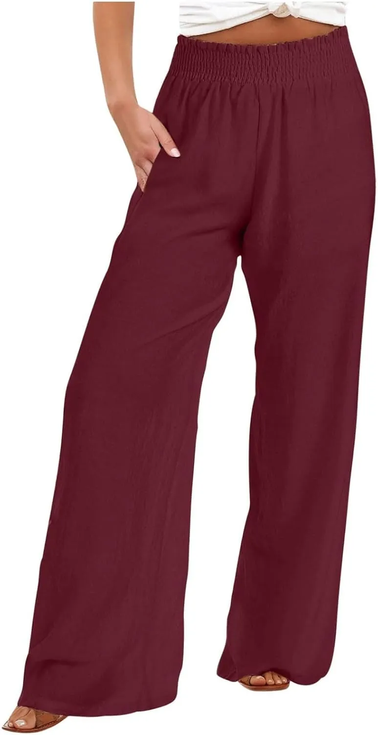 Wide Leg Pants Woman High Waisted Elastic Waist Lounge Pants Stretchy Loose Workout Palazzo Pants with Pockets, Large