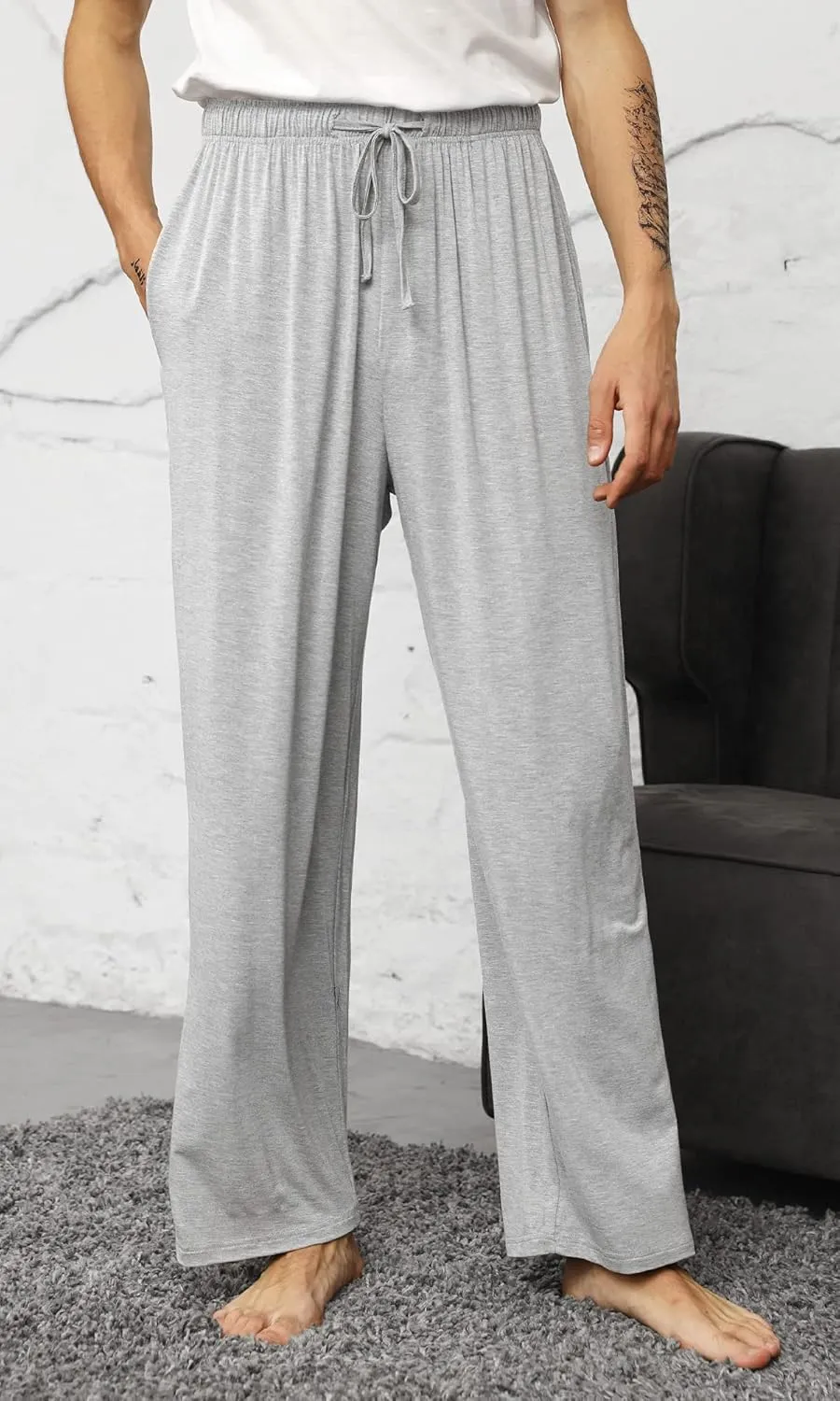 WiWi Mens Bamboo Viscose Pajama Pants Soft Lounge Bottoms Knit Big and Long Sweatpants Lightweight Sleep Pant Drawstring S-4X