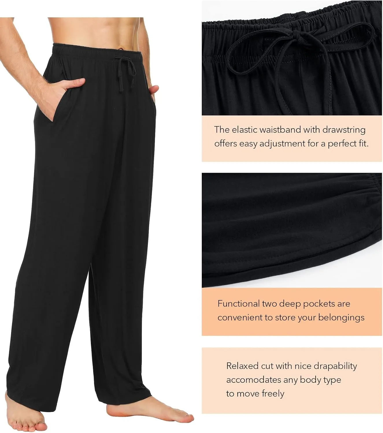 WiWi Mens Bamboo Viscose Pajama Pants Soft Lounge Bottoms Knit Big and Long Sweatpants Lightweight Sleep Pant Drawstring S-4X