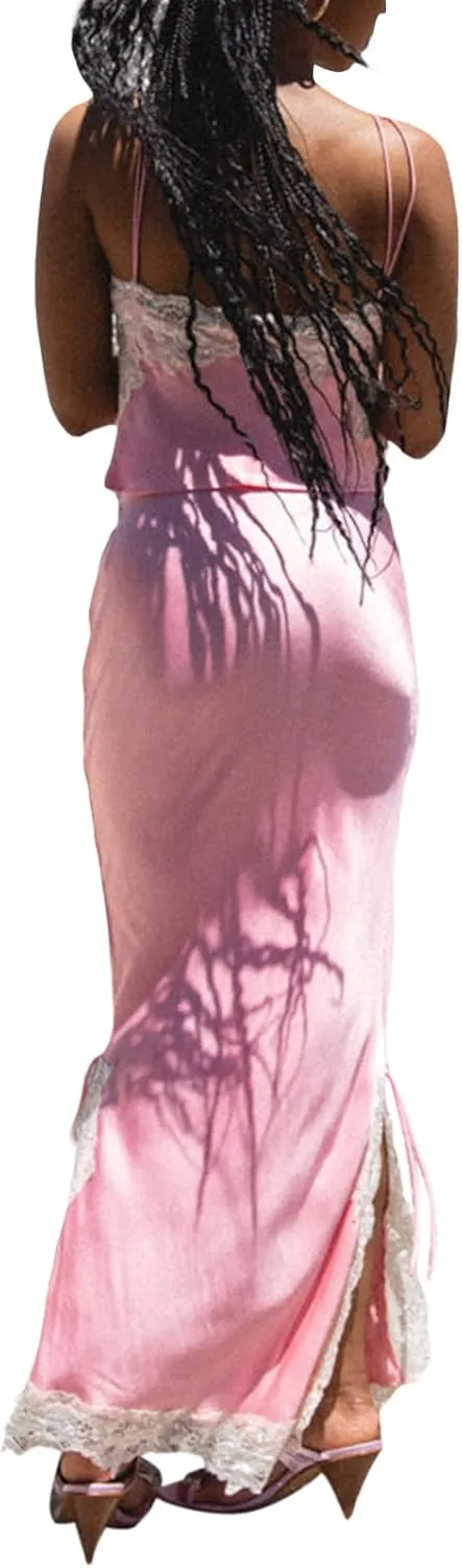 Women 2 Piece Skirt Sets Sexy Cami Top and Long Skirt Set Ruffled Satin Lace Patchwork Two Piece Skirt Outfit