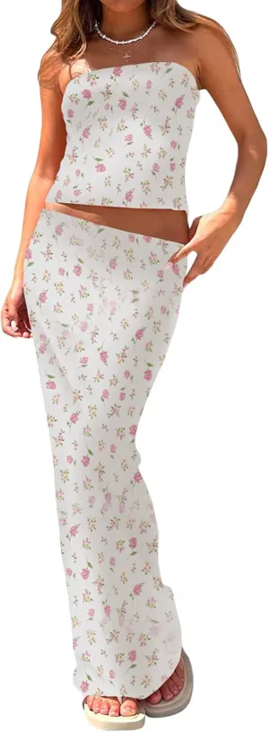 Women 2 Piece Skirt Sets Sexy Cami Top and Long Skirt Set Ruffled Satin Lace Patchwork Two Piece Skirt Outfit