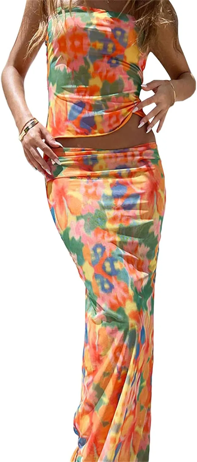 Women 2 Piece Skirt Sets Sexy Cami Top and Long Skirt Set Ruffled Satin Lace Patchwork Two Piece Skirt Outfit