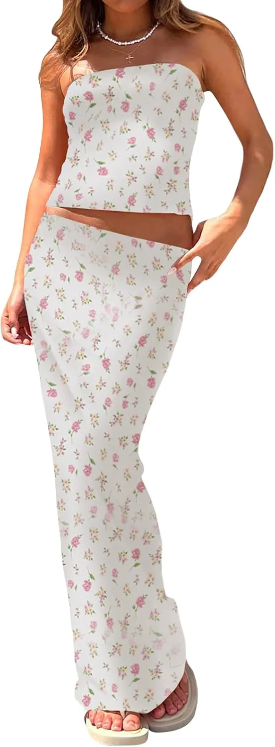 Women 2 Piece Skirt Sets Sexy Cami Top and Long Skirt Set Ruffled Satin Lace Patchwork Two Piece Skirt Outfit