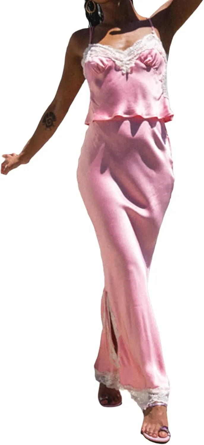Women 2 Piece Skirt Sets Sexy Cami Top and Long Skirt Set Ruffled Satin Lace Patchwork Two Piece Skirt Outfit