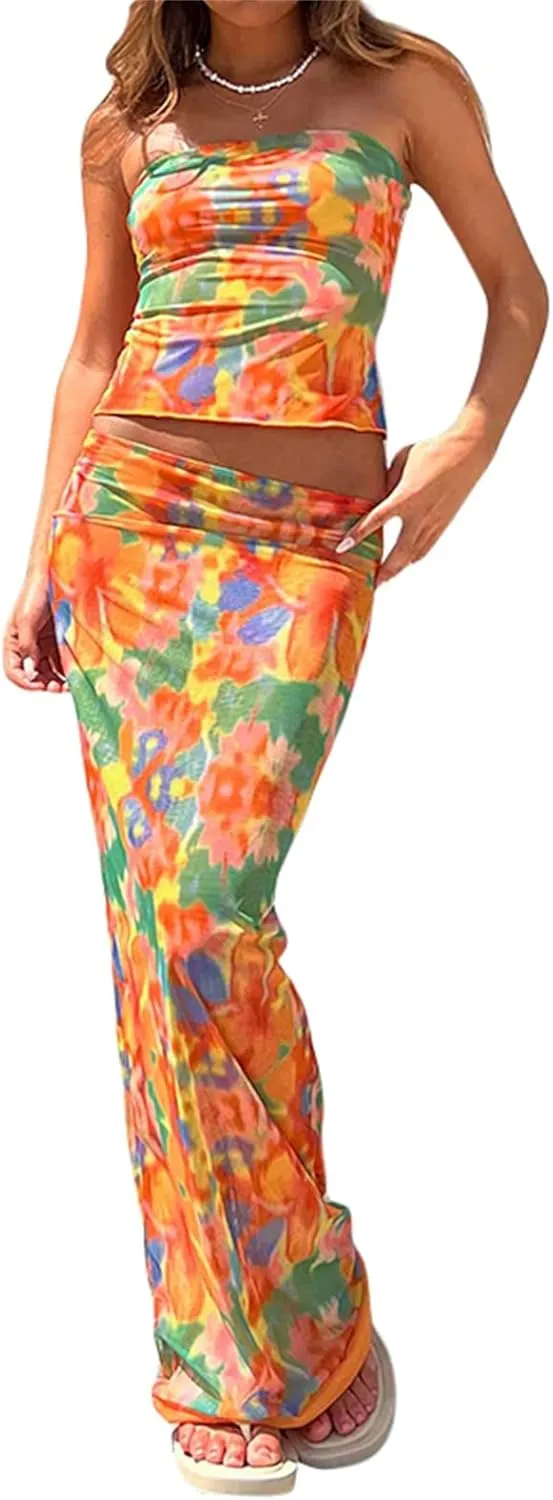 Women 2 Piece Skirt Sets Sexy Cami Top and Long Skirt Set Ruffled Satin Lace Patchwork Two Piece Skirt Outfit
