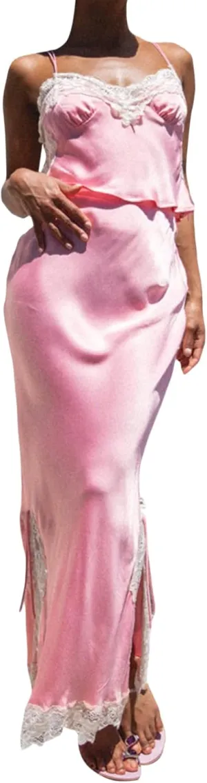 Women 2 Piece Skirt Sets Sexy Cami Top and Long Skirt Set Ruffled Satin Lace Patchwork Two Piece Skirt Outfit