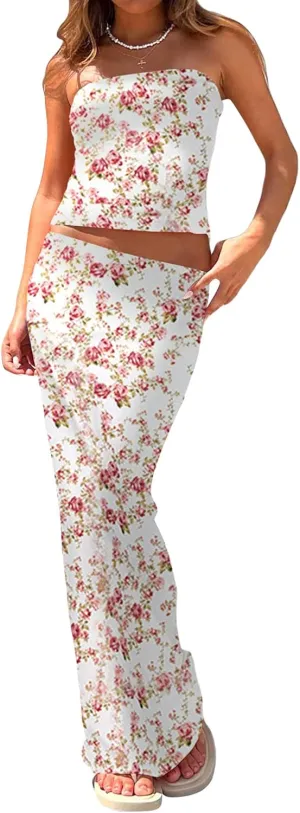 Women 2 Piece Skirt Sets Sexy Cami Top and Long Skirt Set Ruffled Satin Lace Patchwork Two Piece Skirt Outfit