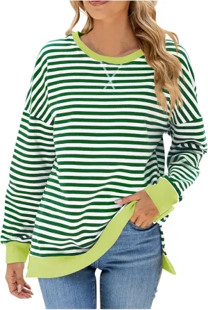 Women Oversized Striped Sweatshirts Color Block Long Sleeve Hoodies Crew Neck Loose Fit Tops Casual Pullover Y2K Top
