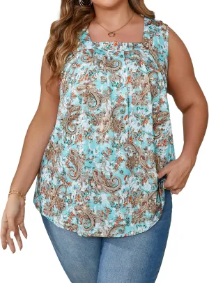 Women Plus Size Tank Tops Loose Fit Pleated Square Neck Sleeveless Flowy Shirts Blouses 1X-5X