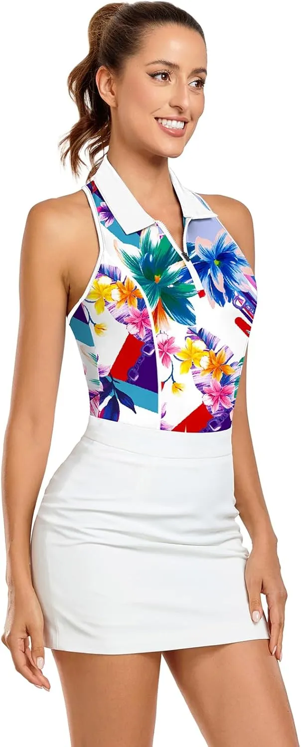 Women Racerback Sleeveless Golf Polo Shirts Collarless Tennis Tops Quick Dry Athletic Tank Tops