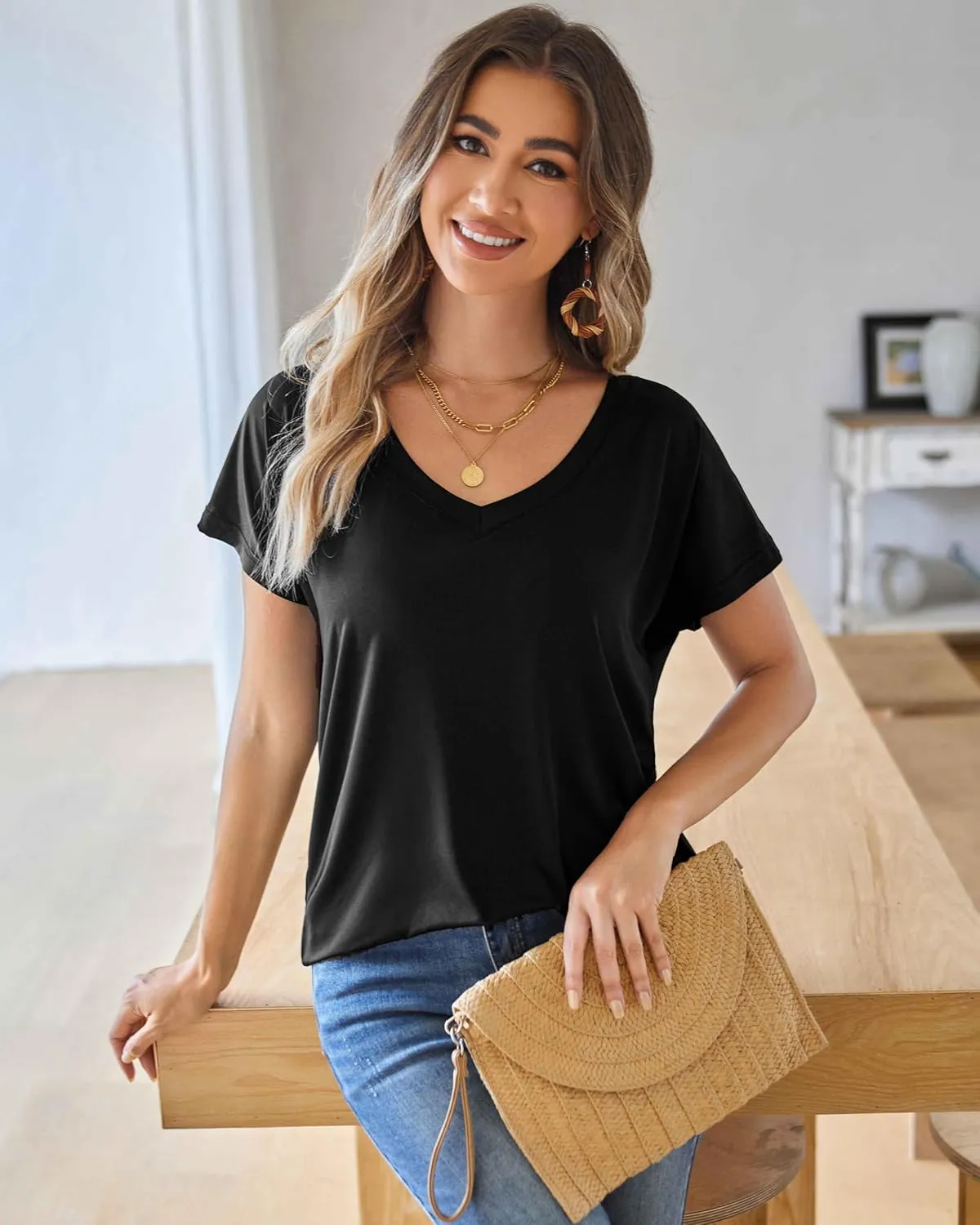 Women Short Sleeve V Neck Tshirt Plus Size Lightweight Oversized High Low Blouses Tops Tee