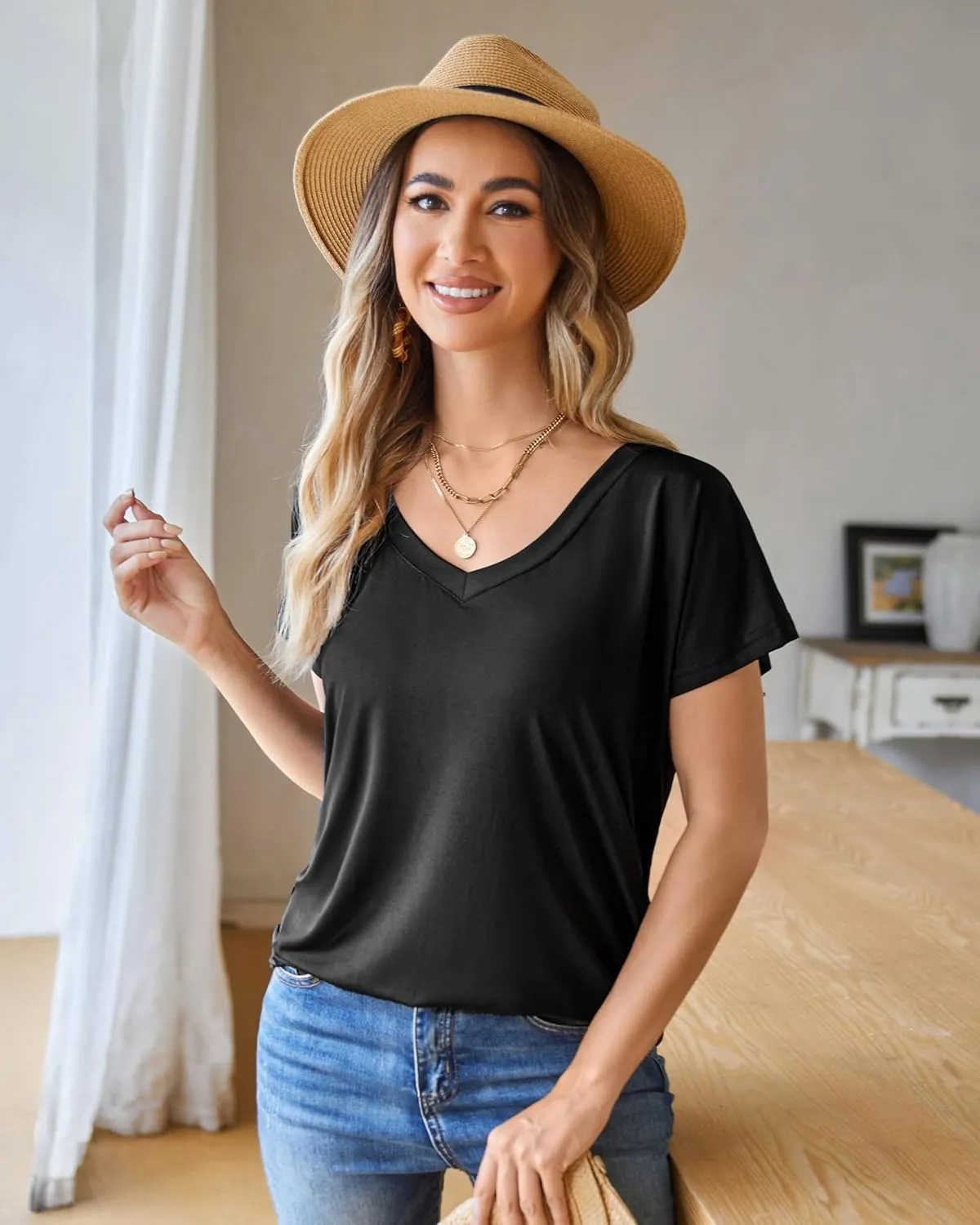 Women Short Sleeve V Neck Tshirt Plus Size Lightweight Oversized High Low Blouses Tops Tee