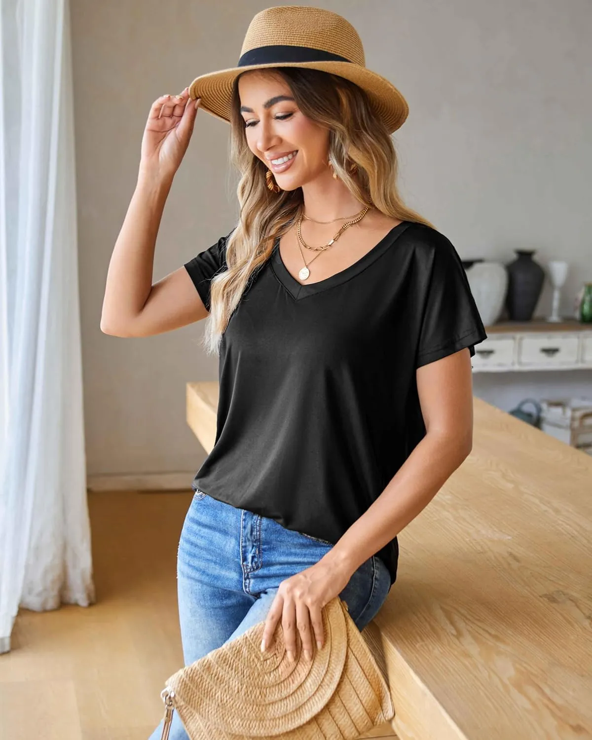 Women Short Sleeve V Neck Tshirt Plus Size Lightweight Oversized High Low Blouses Tops Tee