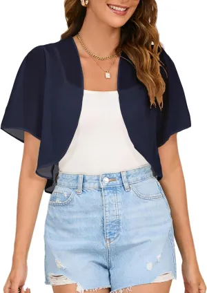 Women Shrug Chiffon Cropped Cardigans Short Sleeve Open Front Bolero for Evening Dresses