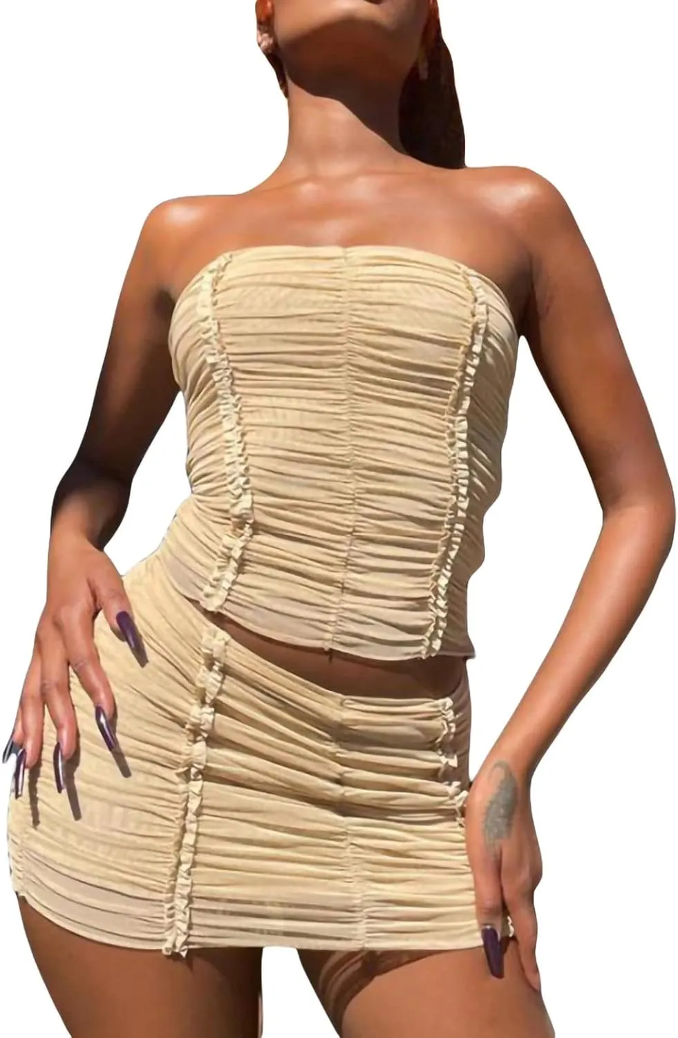 Women Summer 2 Piece Outfits Sleeveless 3D Flower Crop Tank Top High Waist Ruffles Mini Wrapped Skirt Set