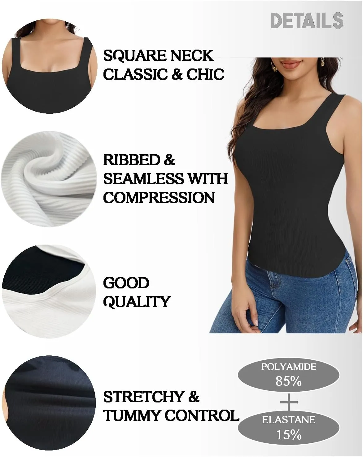 Women's 2 piece Ribbed Square Neck Tank Tops Sleeveless Basic Casual Shirts Tummy Control Athletic Workout Top