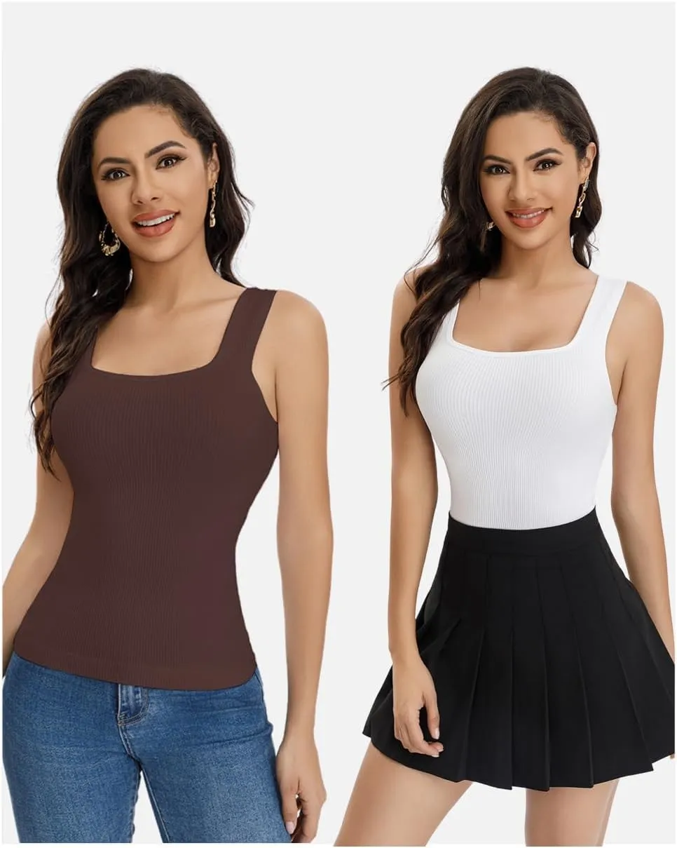 Women's 2 piece Ribbed Square Neck Tank Tops Sleeveless Basic Casual Shirts Tummy Control Athletic Workout Top