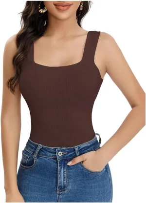 Women's 2 piece Ribbed Square Neck Tank Tops Sleeveless Basic Casual Shirts Tummy Control Athletic Workout Top