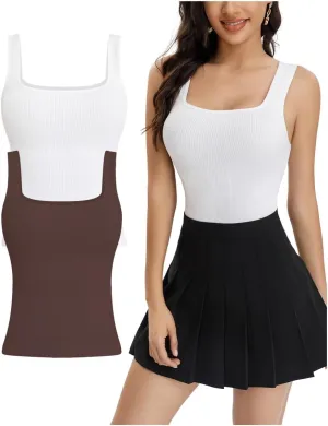Women's 2 piece Ribbed Square Neck Tank Tops Sleeveless Basic Casual Shirts Tummy Control Athletic Workout Top