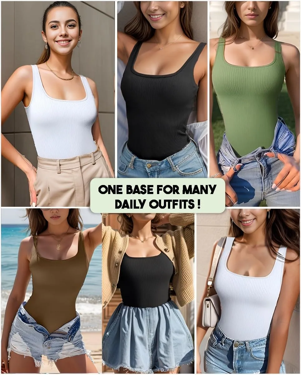 Women's 2 piece Ribbed Square Neck Tank Tops Sleeveless Basic Casual Shirts Tummy Control Athletic Workout Top