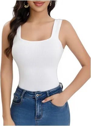 Women's 2 piece Ribbed Square Neck Tank Tops Sleeveless Basic Casual Shirts Tummy Control Athletic Workout Top