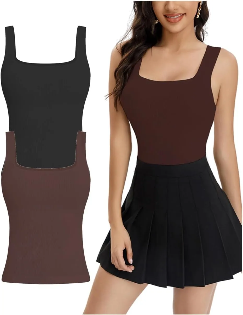 Women's 2 piece Ribbed Square Neck Tank Tops Sleeveless Basic Casual Shirts Tummy Control Athletic Workout Top