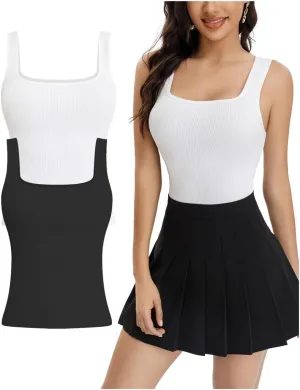 Women's 2 piece Ribbed Square Neck Tank Tops Sleeveless Basic Casual Shirts Tummy Control Athletic Workout Top