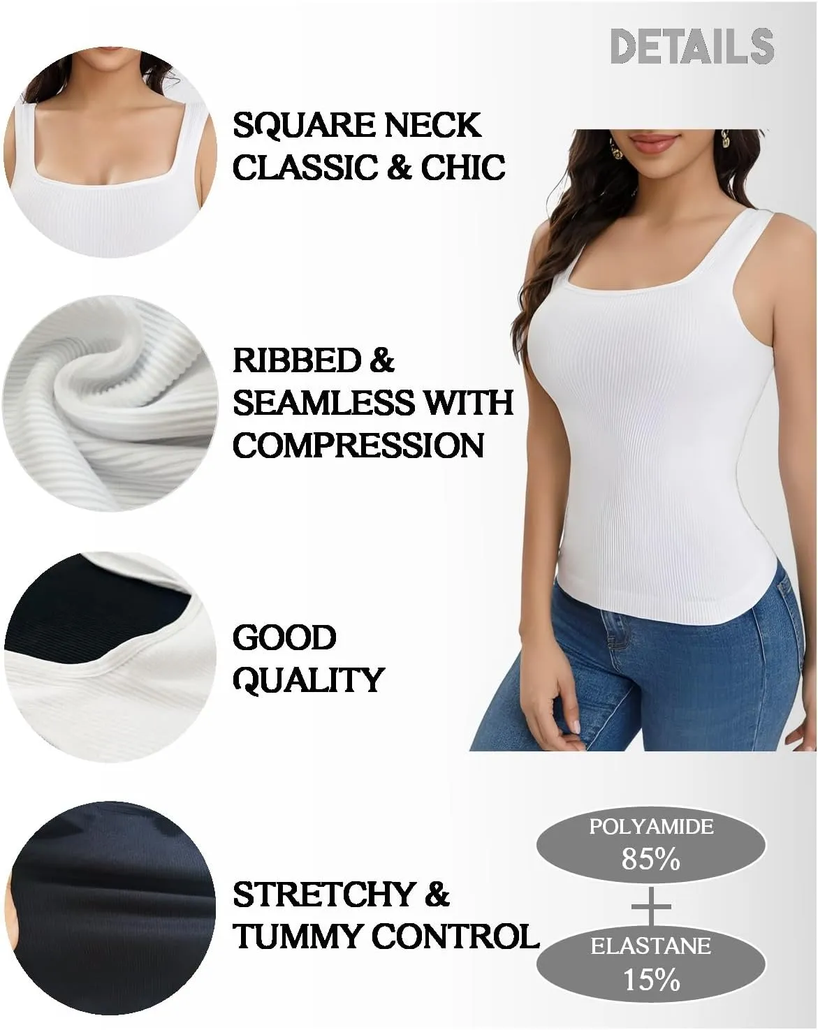 Women's 2 piece Ribbed Square Neck Tank Tops Sleeveless Basic Casual Shirts Tummy Control Athletic Workout Top