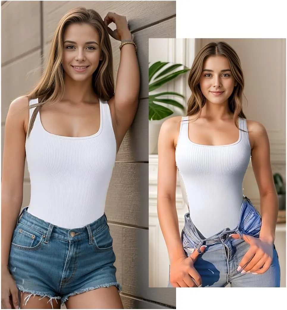 Women's 2 piece Ribbed Square Neck Tank Tops Sleeveless Basic Casual Shirts Tummy Control Athletic Workout Top