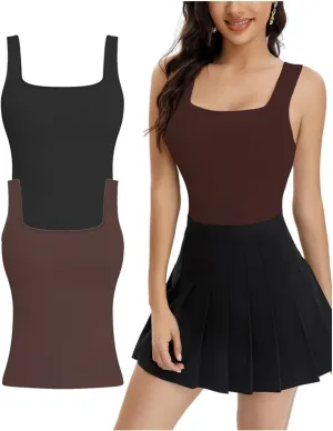 Women's 2 piece Ribbed Square Neck Tank Tops Sleeveless Basic Casual Shirts Tummy Control Athletic Workout Top